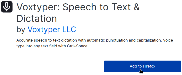 The Voxtyper listing on the Firefox Add-ons store, with the cursor hovering over the Add to Firefox button