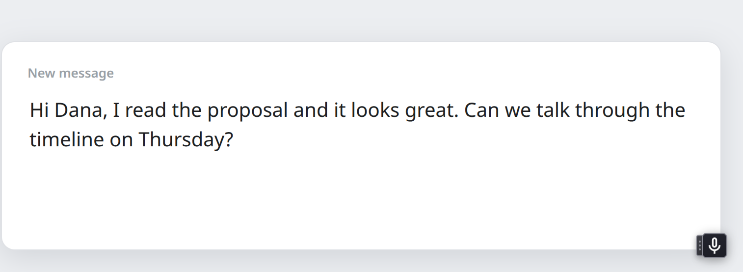 A message box in a browser with dictated text that has commas, a period, a question mark, and capital letters added automatically, and Voxtyper's on-page microphone indicator in the bottom-right corner
